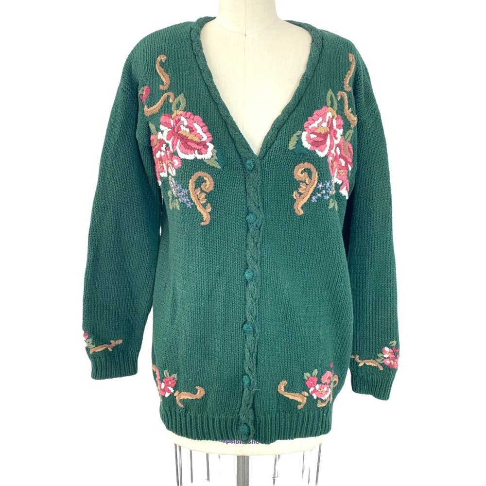 Vintage Knit Green Floral Embroidered Sweater